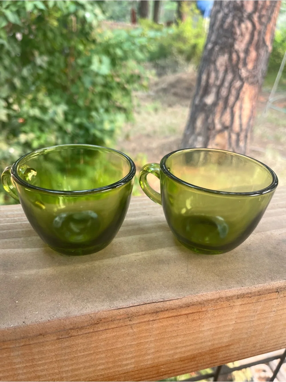 Vintage Indiana Glass, Sunburst, Avocado, Green Demi Mugs/Tea Cups Set of 2 Rare